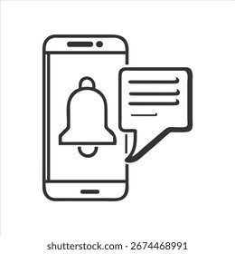 Hand drawn smartphone with notification bell and speech bubble icon simple outline