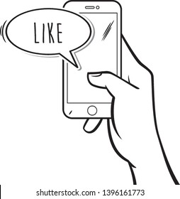 Hand drawn smartphone with the symbol of cloud of like dialogue 