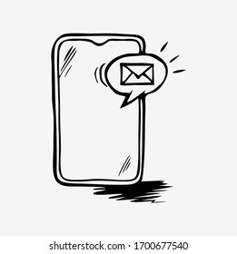 Handgezeichnetes Smartphone mit dem Symbol der Wolke des E-Mail-Dialogs