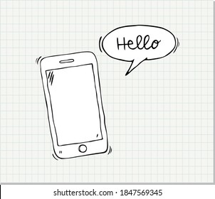 Hand drawn smartphone with word hello, doodle style