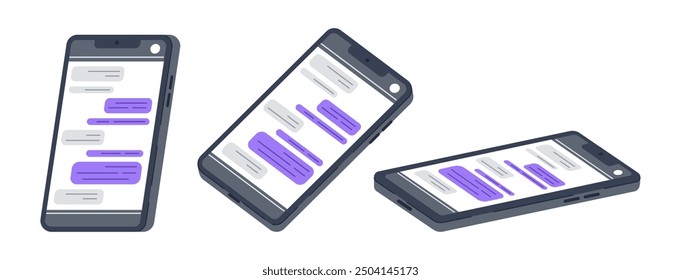 Handgezeichnete Smartphones. Handy-Bildschirm mit Messenger-Chat, mobiles Gerät mit verschiedenen Winkeln Ansichten flache Vektorgrafik-Set. Cartoon Handys auf Weiß