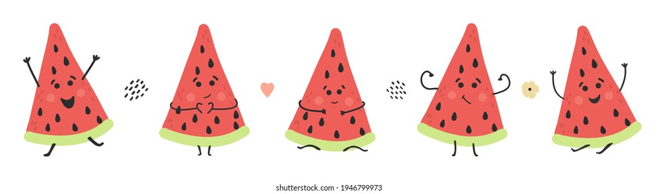 Hand drawn smile watermelon slice. Cute happy childish character set. Fresh healthy juicy food set. Summer vector illustrtation on white background.