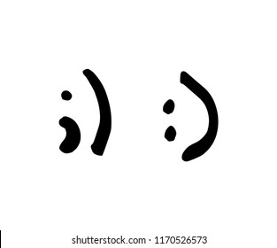 Hand drawn smiles. Symbols Wink and smile from punctuation marks. Black flat vector signs Isolated on White Background. Brush illustration for web