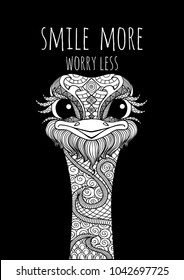 Hand drawn smiley cute ostrich with slogan SMILE MORE WORRY LESS for t shirt printing and embroidery and printed tee. Vector illustration