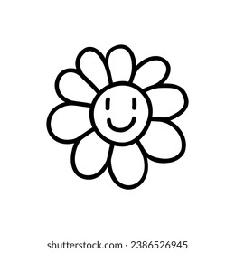 Handgezeichnete Smiley-Gesichtsblume. Vektorgrafik mit rauer Linie, einzeln auf weißem Hintergrund.