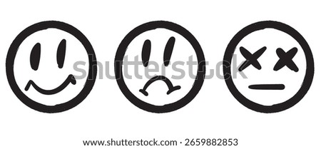 Hand drawn smiley face icon set, sad, happy, dead emoji, black doodle round face outline cartoon expression, sketch emotional symbol vector illustration
