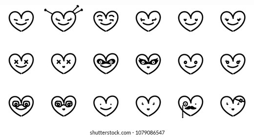 Hand drawn smiley hearts vector set