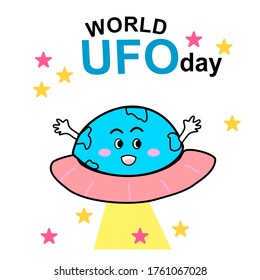 hand drawn of smiling blue world UFO cartoon with pink skirt with stars on white background with word world UFO day