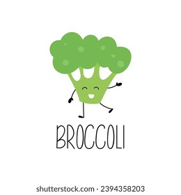 Hand drawn smiling broccoli character with arms and legs. Hand drawn name of vegetable. Learn cards for kids. Vector illustration
