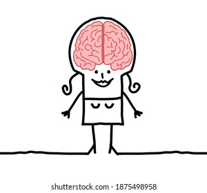 Hand drawn Smiling Cartoon Clever Woman with big Brain