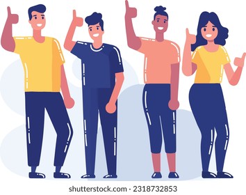 Carácter sonriente de mano dibujado que posa los pulgares hacia arriba en un estilo plano aislado en segundo plano