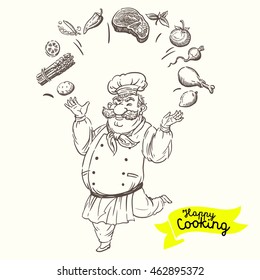 Hand drawn smiling cook juggles the food. Vector.