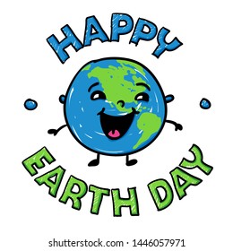 Hand drawn smiling earth globe for Happy Earth day or environmental protection - positive symbol - vector cartoon