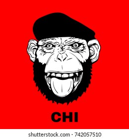 Hand Drawn Smiling Monkey with Beret for t-shirt or other use. Vector illustration