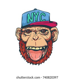 Hand Drawn Smiling Monkey with Cap for t-shirt or other use. Vector illustration