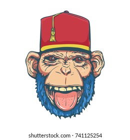 Hand Drawn Smiling Monkey with Fez for t-shirt or other use. Vector illustration