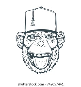 Hand Drawn Smiling Monkey with Fez for t-shirt or other use. Vector illustration