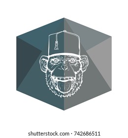 Hand Drawn Smiling Monkey with Fez for t-shirt or other use. Vector illustration