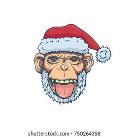 Hand Drawn Smiling Monkey with Santa Hat for t-shirt or other use. Vector illustration