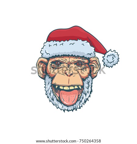 Hand Drawn Smiling Monkey with Santa Hat for t-shirt or other use. Vector illustration
