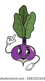 Hand drawn smiling purple turnip vegetable in old fashioned cartoon style with black contour. Isolated vector illustration