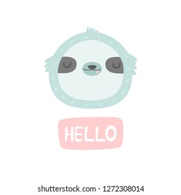 Hand drawn smiling sloth. Vector character. Baby print, textile, book, baby shower template card