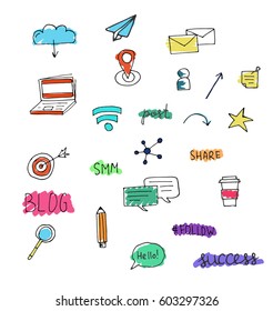 Hand drawn SMM and SEO icons. Can be used for network online advertising. Also perfect for poster or banner. Easy to edit.