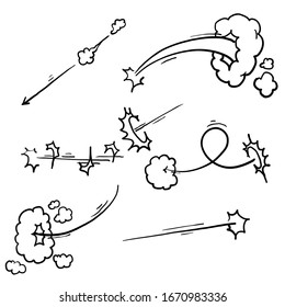 hand drawn smoke trail and motion trace illustration with doodle style vector isolated