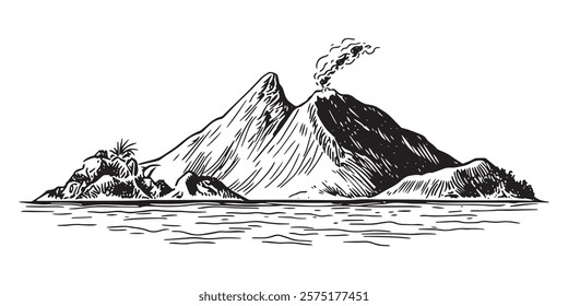 hand drawn smoking volcanic island with black engraving sketch style