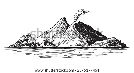 hand drawn smoking volcanic island with black engraving sketch style