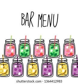 Hand drawn smoothie bar menu banner with tasty fresh summer recipes