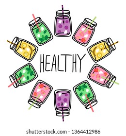 Hand drawn smoothie bar menu banner with tasty fresh summer recipes