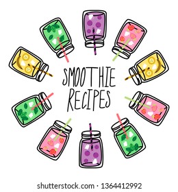 Hand drawn smoothie bar menu banner with tasty fresh summer recipes