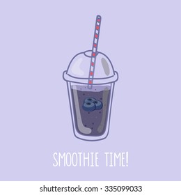 Hand drawn smoothie to go cup with blueberry illustration and smoothie time lettering