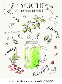 Hand drawn smoothie jar with garden berries, gooseberry, red currants, leaves, arrows, lettering. Ink sketch with watercolor stains. Recipe card design template.