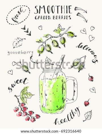 Hand drawn smoothie jar with garden berries, gooseberry, red currants, leaves, arrows, lettering. Ink sketch with watercolor stains. Recipe card design template.