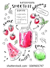 Hand Drawn Smoothie Jar With Strawberries, Watermelon, Lime, Mint Leaves, Lettering. Ink Sketch With Watercolor Stains. Summer Drink Recipe Card Design Template.