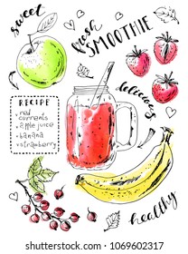 Hand Drawn Smoothie Jar With Strawberries, Red Currants, Green Apple, Banana And Lettering. Ink Sketch With Watercolor Stains. Summer Drink Recipe Card Design Template.