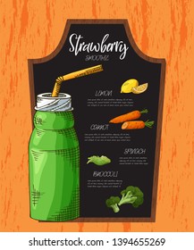 Hand drawn smoothie poster with illustration of ingredients. Sketch style for cafe or menu. Vector design template.