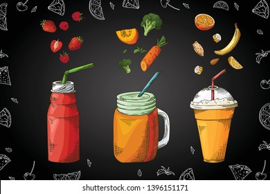 Hand drawn smoothie poster with illustration of ingredients. Sketch style for cafe or menu. Vector design template.
