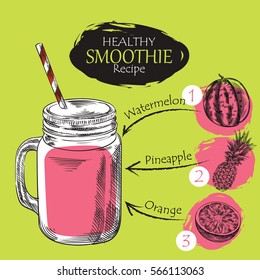 Hand drawn smoothie recipe isolated on green background. Watermelon, pineapple, orange smoothie sketch elements. Eco healthy ingredients vector illustration. Great for poster, banner, voucher, coupon.