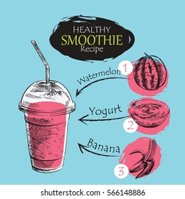 Hand drawn smoothie recipe isolated on blue background. Watermelon, yogurt, banana smoothie sketch elements. Eco healthy ingredients vector illustration. Great for poster, banner, voucher, coupon.