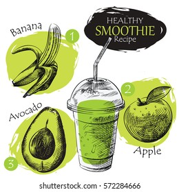 Hand drawn smoothie recipe isolated on white background. Banana, apple, avocado smoothie sketch elements. Eco healthy ingredients vector illustration. Great for poster, banner, voucher, coupon.