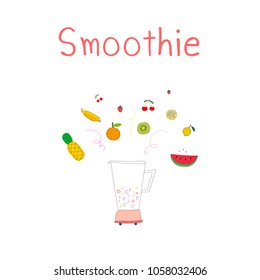 Hand drawn smoothies set includes pineapple, strawberry, banana, kiwi, tangerine, lemon and cherry. Blender with fruits. Vector illustration.