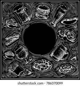 Hand drawn Snacks, Beer glasses, mugs frame. Background for cover design for the bar menu, pub, restaurant. Sketch with an empty place for an inscription. Vector, white on black, inversion