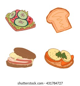 Hand drawn snacks. Healthy vegetarian sandwiches with cucumber, tomato, lettuce, bread, egg omelet, peanut butter. Fresh diet delicious food with vegetable. Vector illustration of snacks.