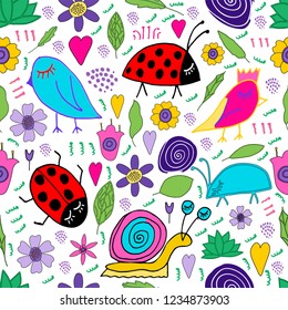 Hand drawn snail, bird, bug, ladybug, flowers, leaves doodle. Seamless pattern. Print for kids design.  Isolated on white background.