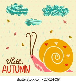 Hand drawn snail with bright leaves and drops. Concept cute card in autumn colors. 