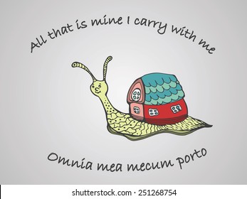 Hand drawn snail with its house. Vector illustration 