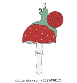 Hand drawn snail on the toadstool isolated transparent background. Vector slug and mushroom. EPS 10 Editable stroke